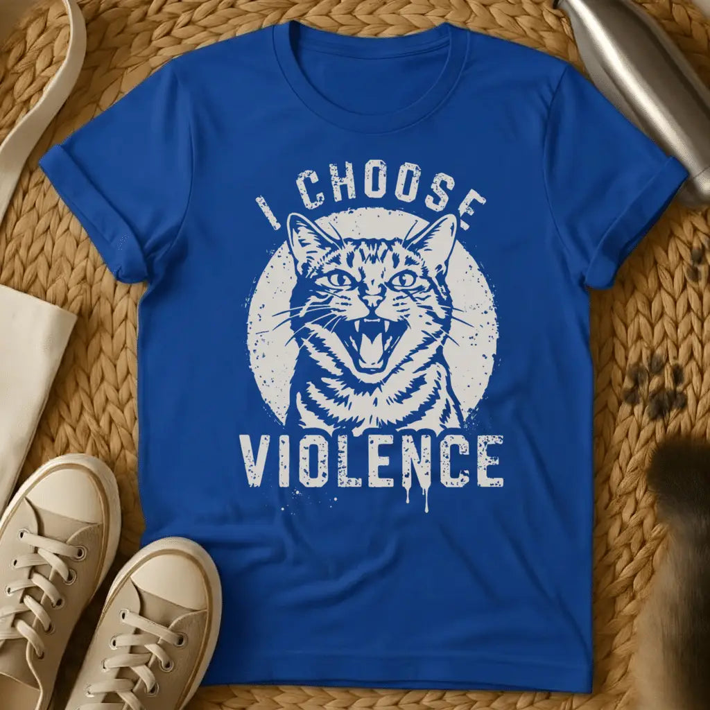 Royal - Maroon unisex t-shirt with a hissing angry cat face and bold text reading I Choose Violence in vintage cream print