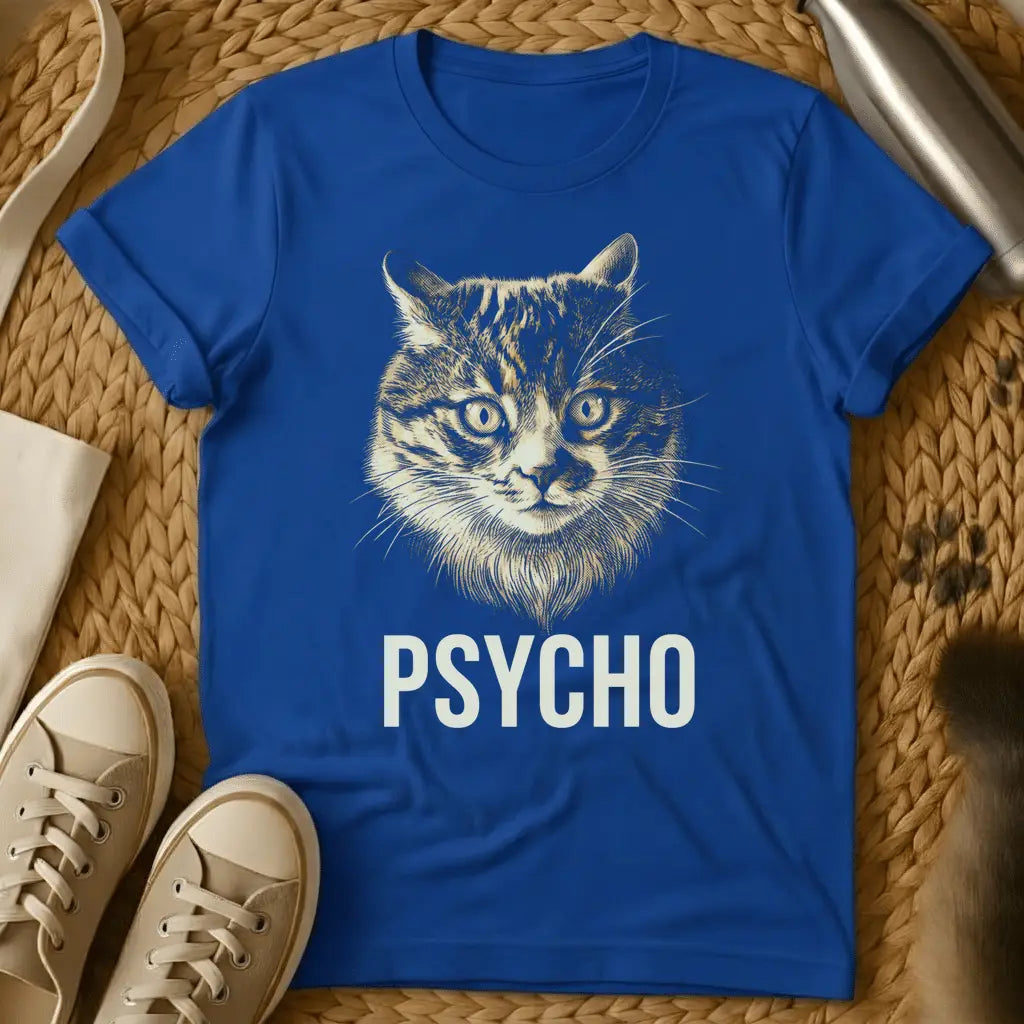 Royal - Dark heather grey t-shirt with vintage engraving-style intense tabby cat face and bold PSYCHO text beneath