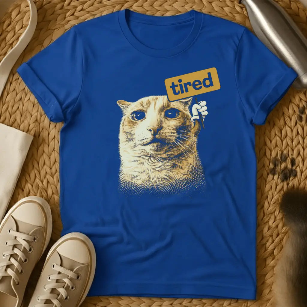 Royal - Dark grey t-shirt with sepia engraving-style cat holding a golden sign reading tired in a cartoon hand