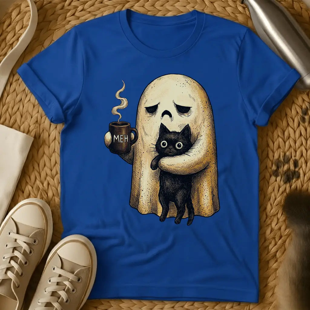 Royal - Ghost holding coffee mug with black cat, saying "MEH" on sage green t-shirt, illustrated style