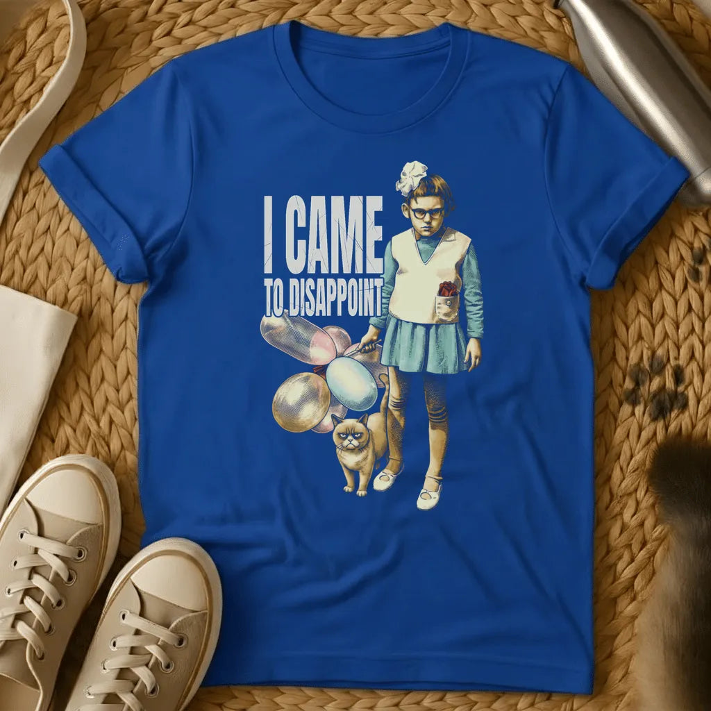 Royal - Dark gray t-shirt with vintage-style illustration of a girl holding tennis rackets and a grumpy cat, text reading "I CAME TO DISAPPOINT