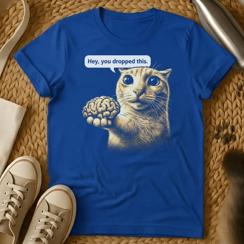 Royal - Dark heather grey t-shirt with a vintage engraving-style cat holding a human brain with the caption Hey you dropped this