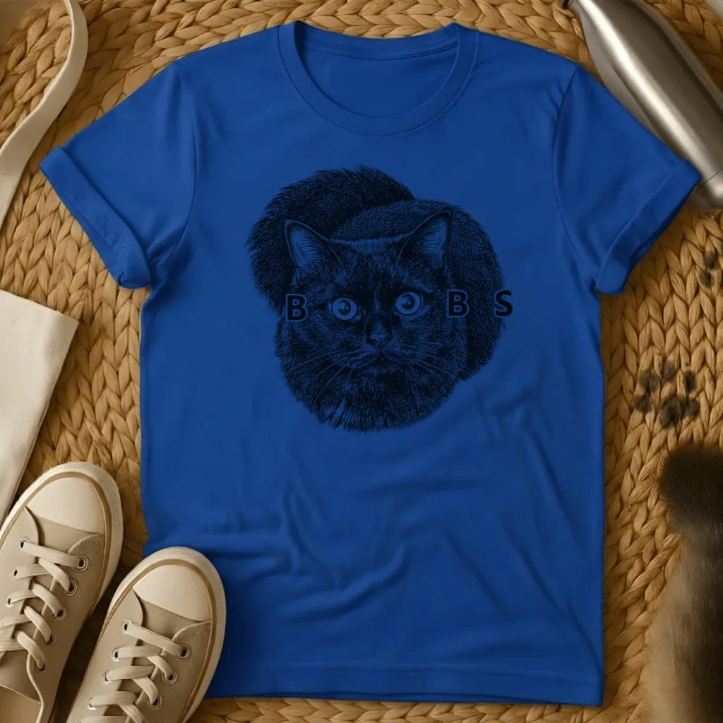 Royal - Military green t-shirt with vintage engraving of a round black cat, wide eyes forming the O's in the word BOOBS