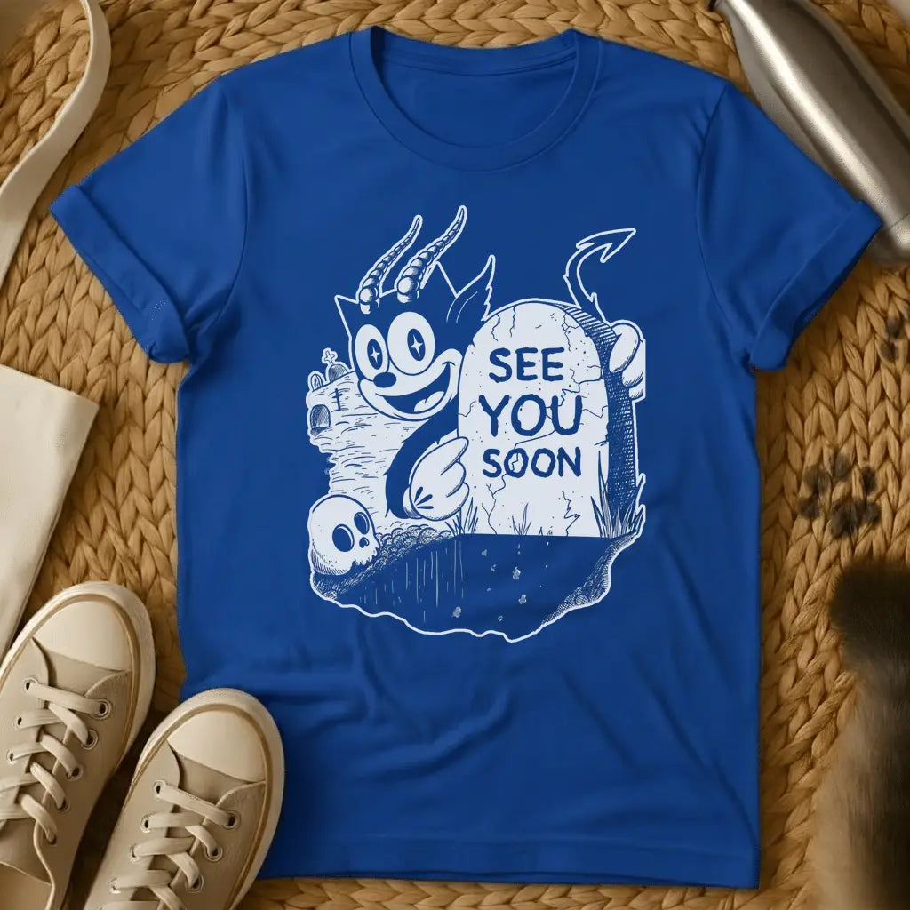 Royal - Gray t-shirt with black cartoon demon character and "See You Soon" text in vintage horror illustration style