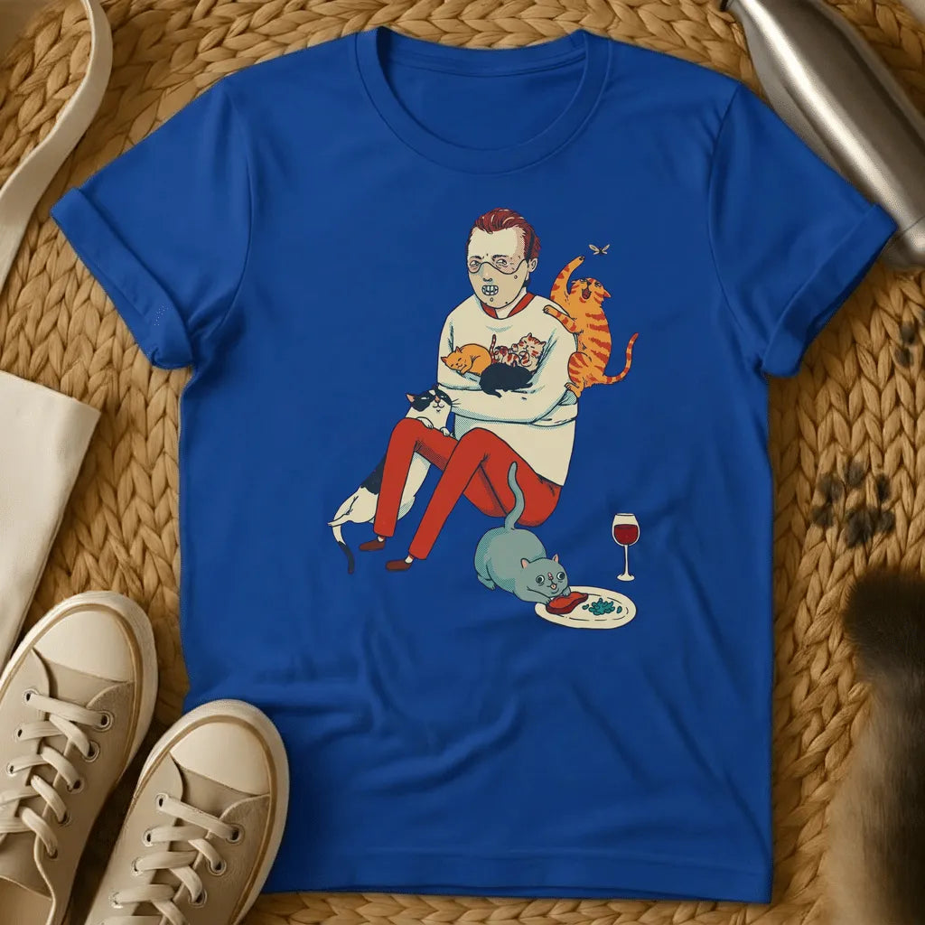 Royal - Man surrounded by multiple cats in humorous illustration style on olive green t-shirt