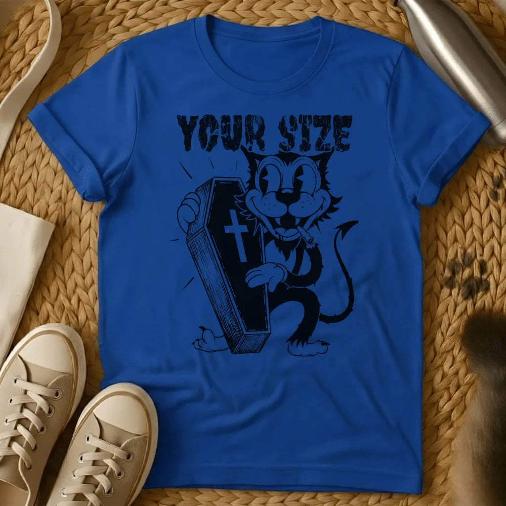 Royal - Navy blue t-shirt with white graphic of cartoon cat holding coffin with cross, text reads "YOUR SIZE" in distressed font style