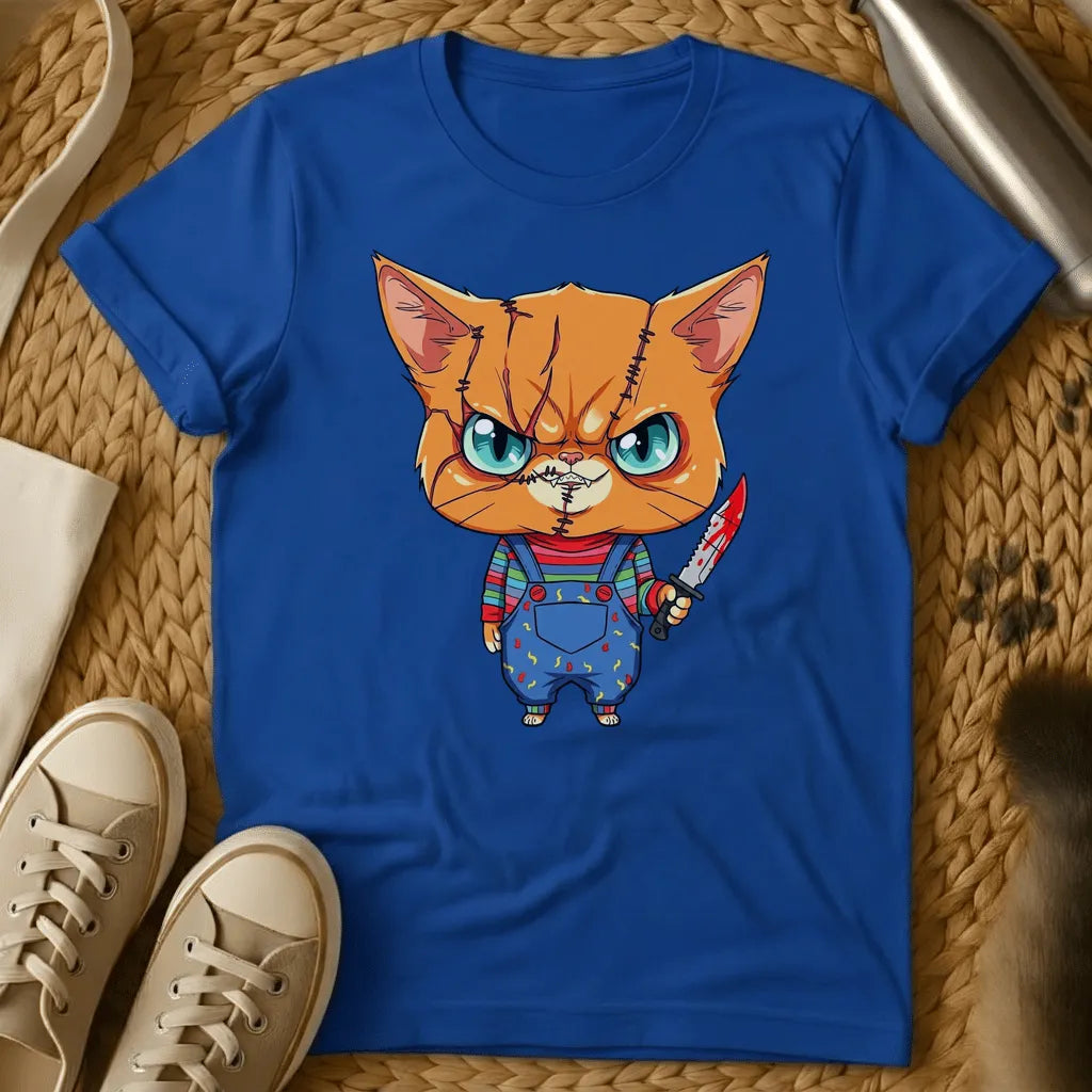 Royal - Olive green t-shirt with a chibi scarred orange tabby cat in striped shirt and overalls holding a bloody knife