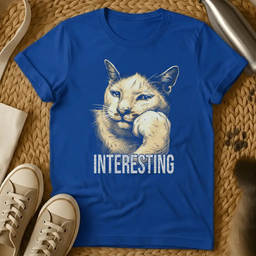 Royal - Dark heather t-shirt with vintage engraving-style illustration of a cat resting chin on paw and the word INTERESTING below