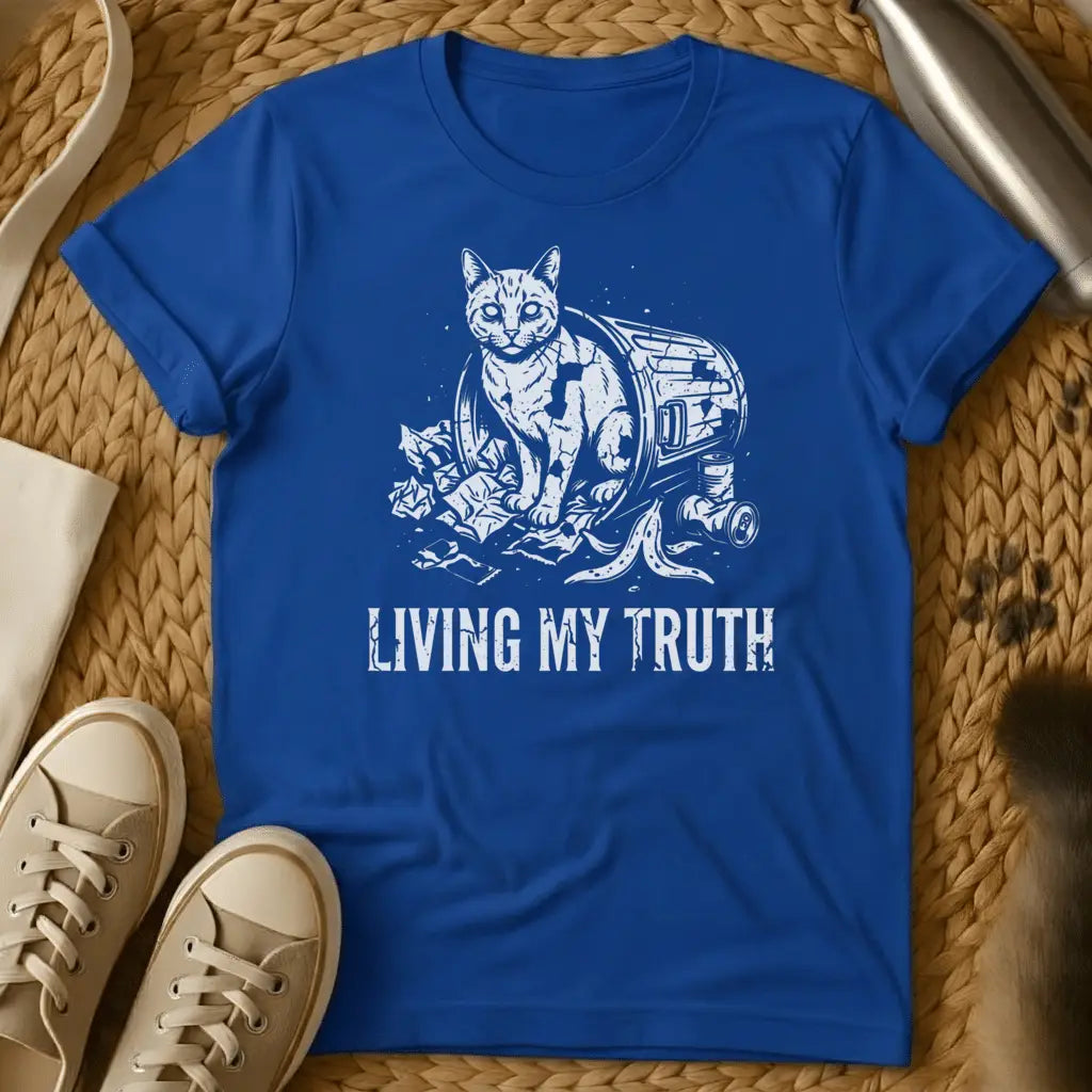 Royal - Dark gray t-shirt featuring a cat in a trash can with "LIVING MY TRUTH" text, illustrated in white line art style.