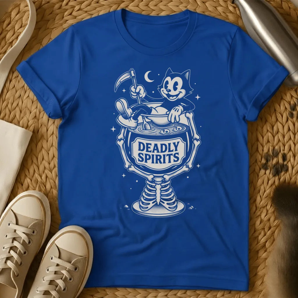 Royal - Dark heather t-shirt with vintage cartoon cat in a skeleton goblet holding a scythe labeled Deadly Spirits retro Halloween design