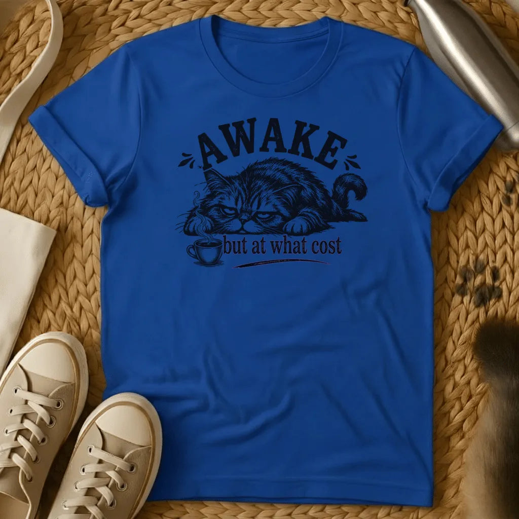 Royal - Navy t-shirt with a grumpy lounging cat and coffee cup illustration reading Awake But At What Cost in vintage engraving style