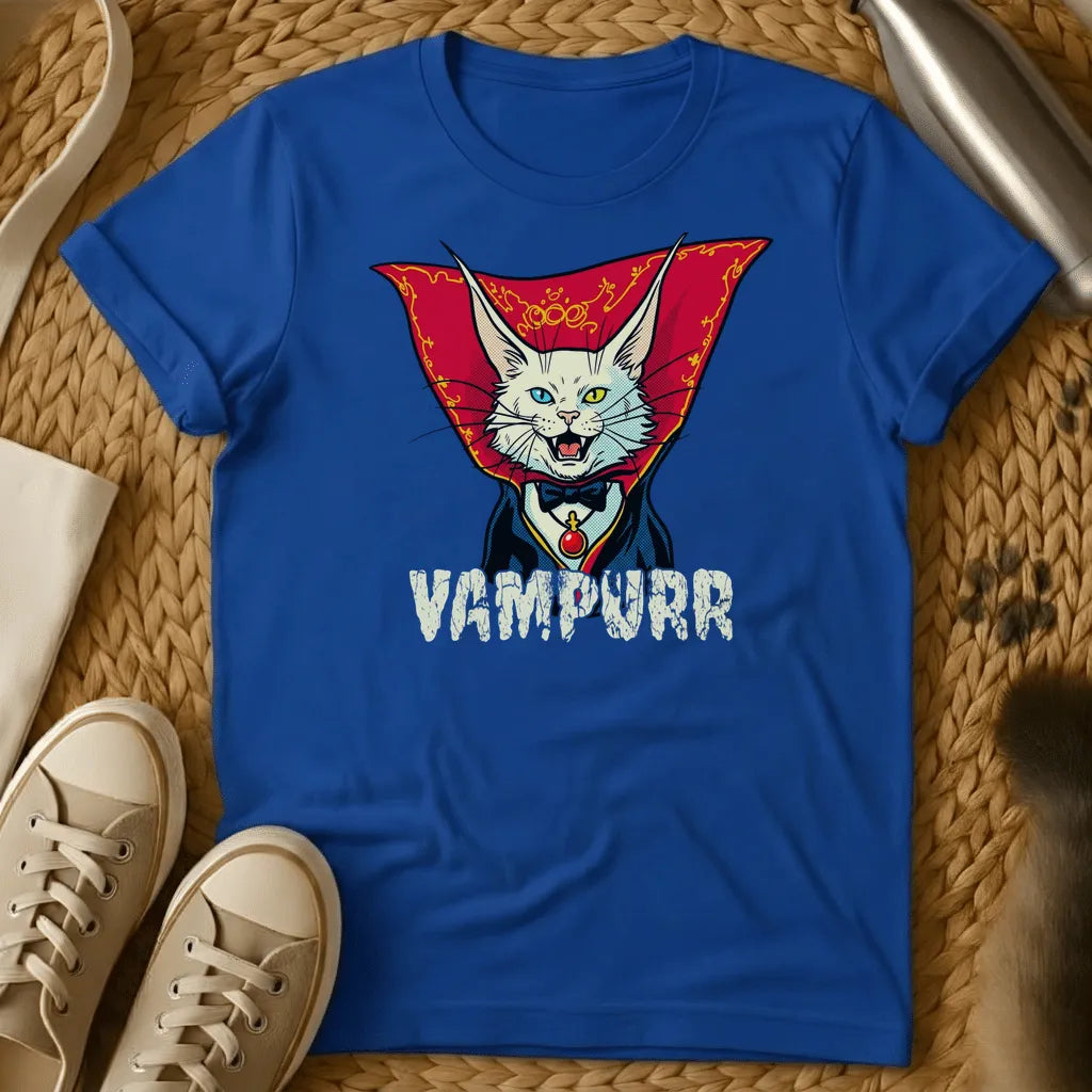 Royal - Dark gray t-shirt featuring a vampire cat illustration with red cape, blue eyes, and fangs, with "VAMPURR" text below.