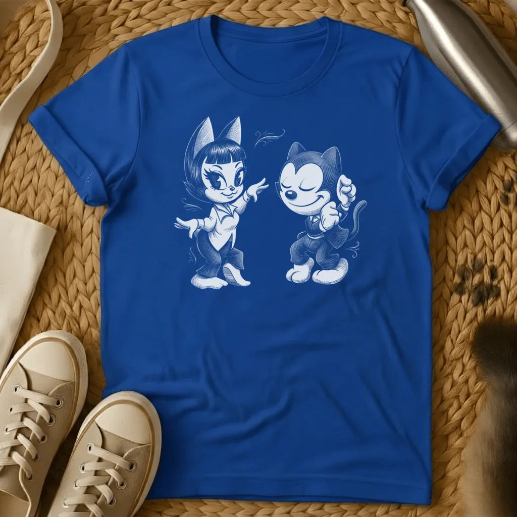 Royal - Dark grey t-shirt with a black-and-white pencil sketch of two dancing anthropomorphic cats in vintage 1930s cartoon style