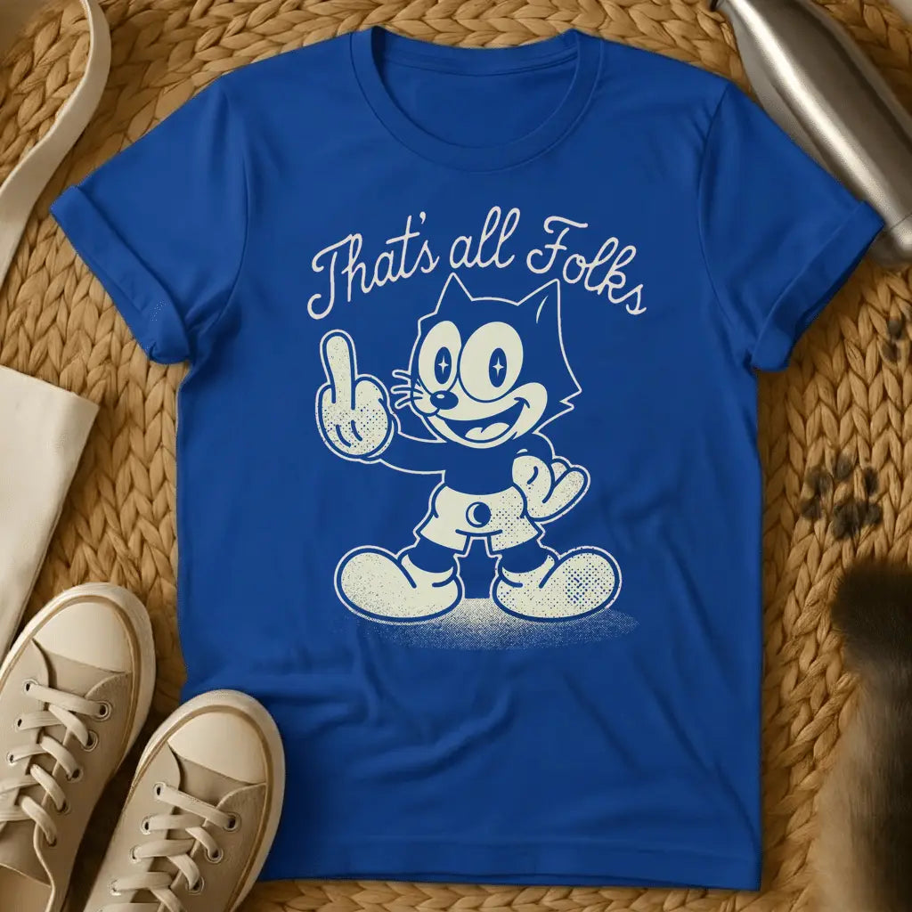 Royal - Gray t-shirt with a vintage rubber-hose cartoon cat giving the middle finger under the script text That's all Folks