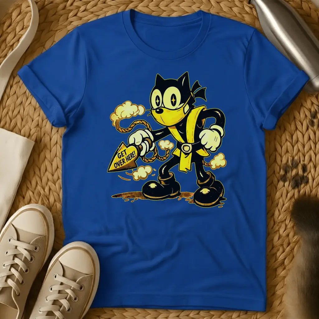 Royal - Green t-shirt with a retro rubber-hose cartoon cat in ninja gear throwing a rope spear reading Get Over Here surrounded by smoke clouds