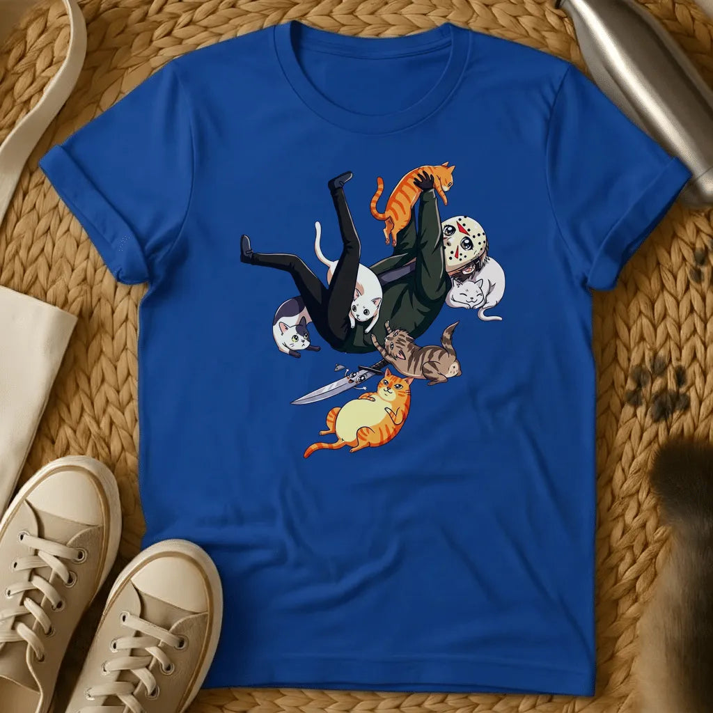 Royal - A person in black falling surrounded by colorful cats and a knife on a sage green t-shirt in cartoon style