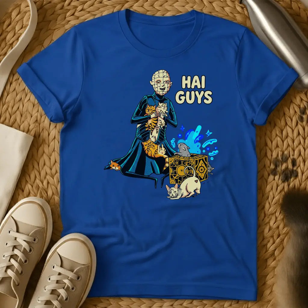 Royal - Olive green t-shirt featuring an illustrated character holding cats with magical effects and "HAI GUYS" text in anime style.