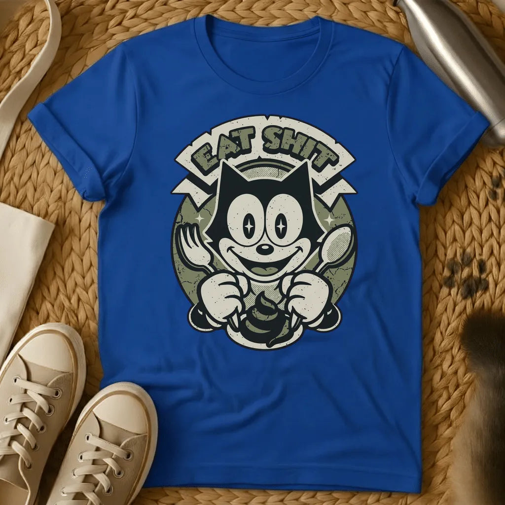 Royal - Dark grey t-shirt with a retro cartoon cat holding fork and spoon over a poop emoji with text reading Eat Shit in a vintage badge design
