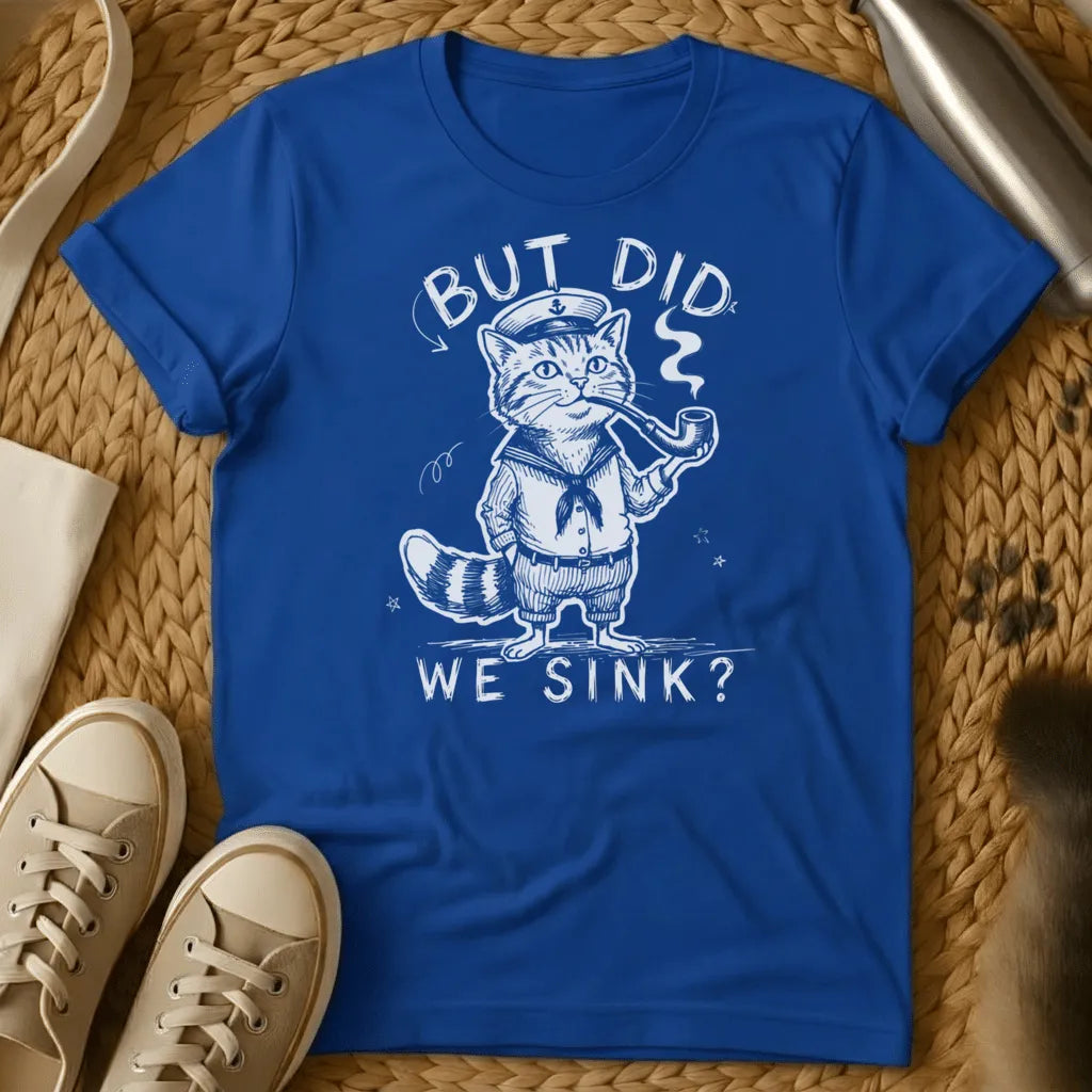 Royal - Dark grey t-shirt with a vintage engraving of a pipe-smoking tabby cat in sailor uniform and anchor captain hat, text reads But Did We Sink