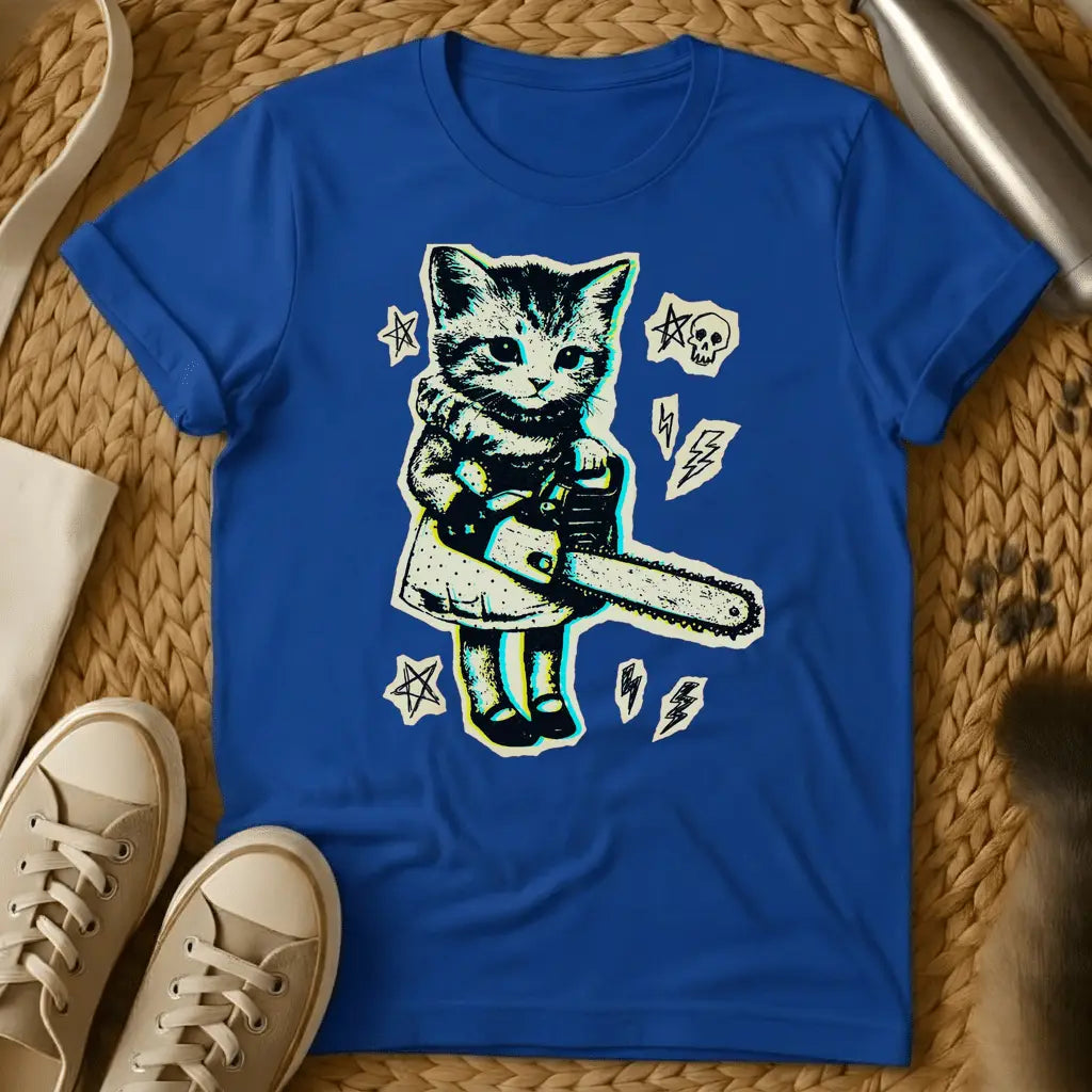 Royal - Military green t-shirt with a neon retro print of a kitten in boots holding a chainsaw surrounded by skulls pentagrams and lightning bolts