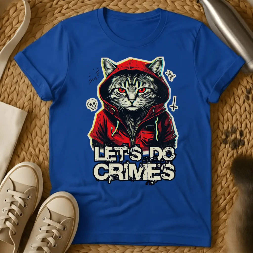 Royal - White t-shirt with a menacing hooded gray tabby cat with red eyes wearing a red hoodie above the words Let's Do Crimes
