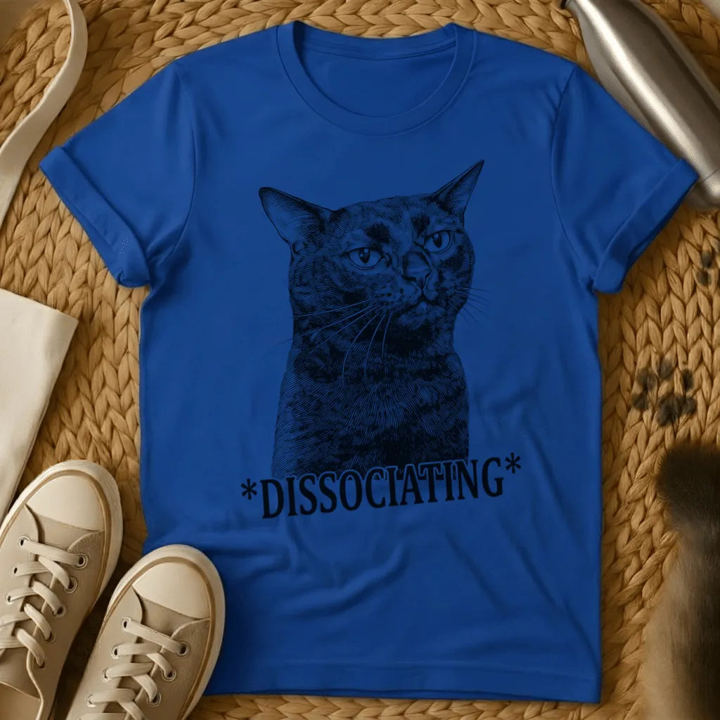 Royal - Olive green t-shirt with vintage engraving of a blank-staring cat and the text *DISSOCIATING* below it