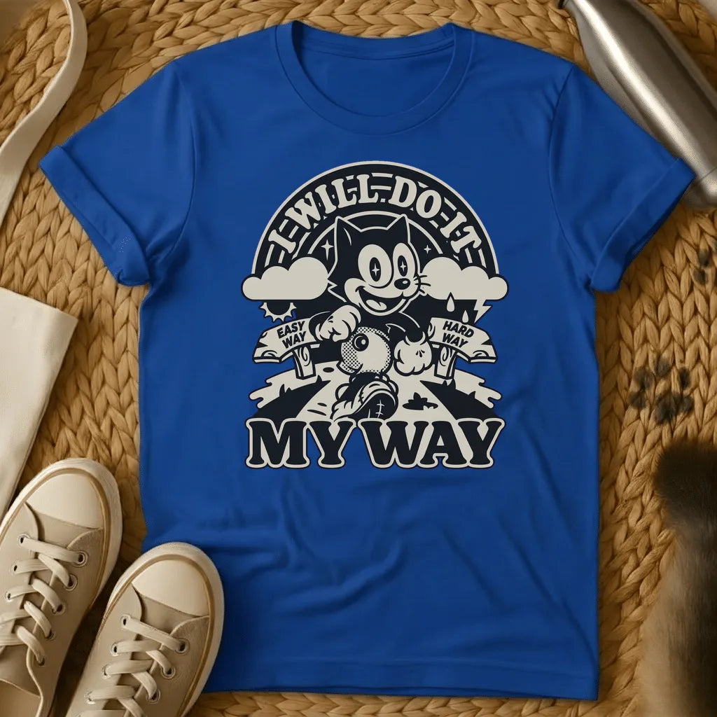 Royal - Navy t-shirt with vintage rubber-hose cartoon cat striding forward holding a bag, flanked by Easy Way and Hard Way banners, text reads I Will Do It My