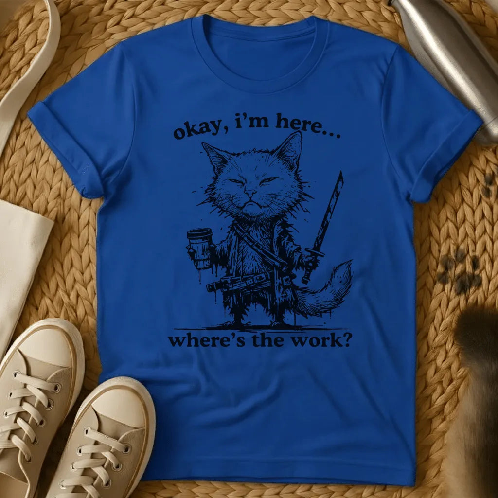 Royal - Military green t-shirt with a grumpy armored warrior cat holding coffee and a sword with humorous text