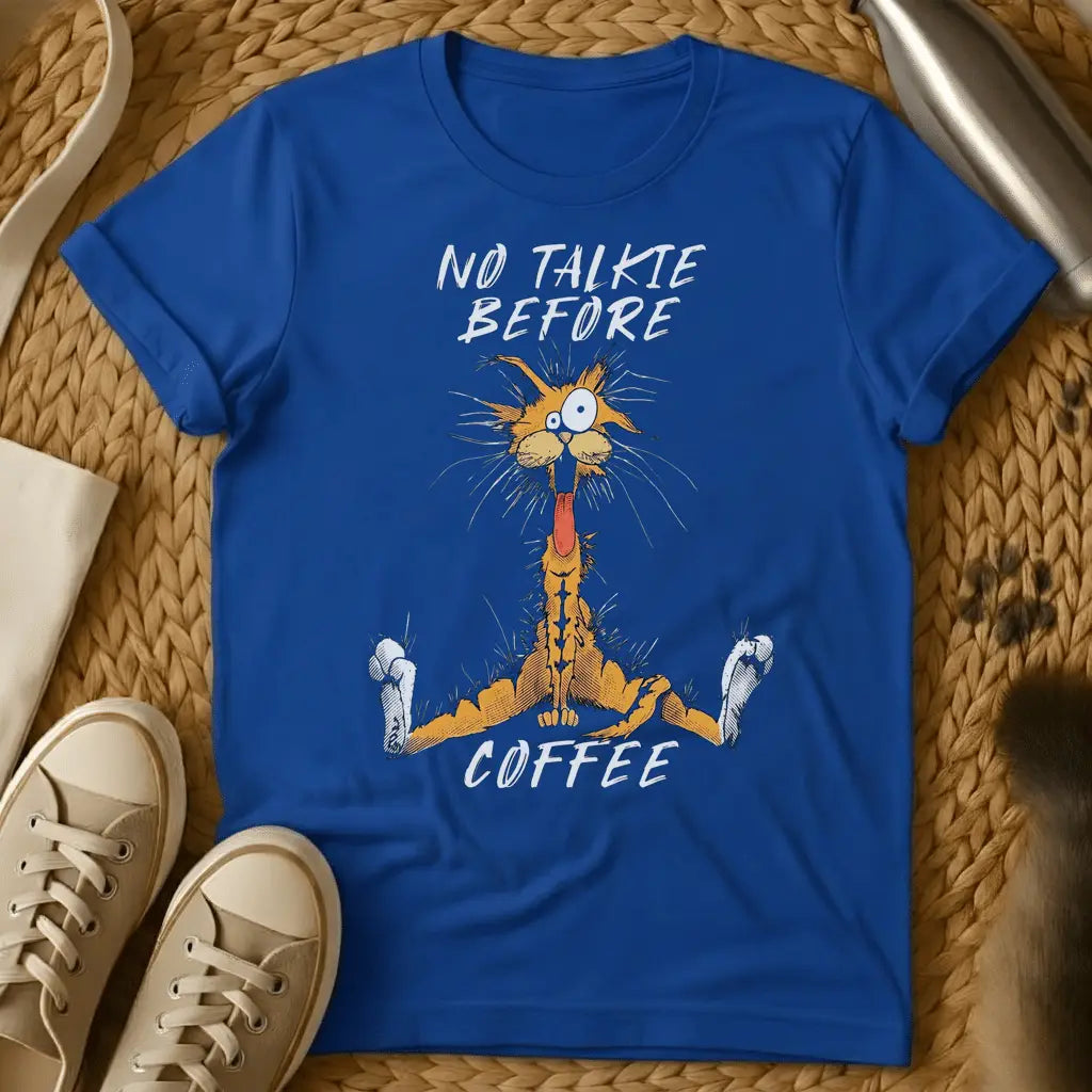 Royal - Dark grey t-shirt with a wild-eyed frantic orange cartoon cat mouth open fur standing on end text reads No Talkie Before Coffee