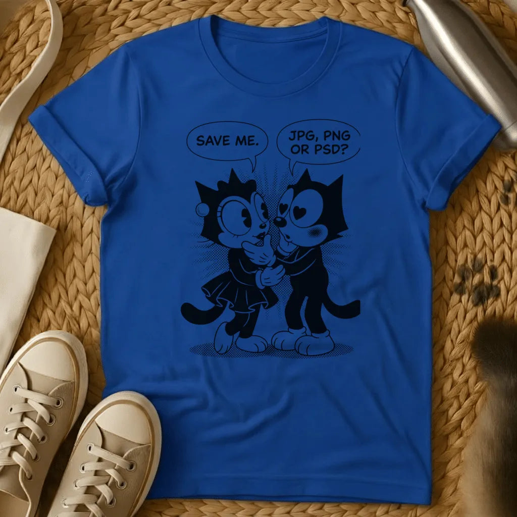 Royal - Olive green t-shirt with retro cartoon cats in speech bubble comic style debating JPG PNG or PSD file formats