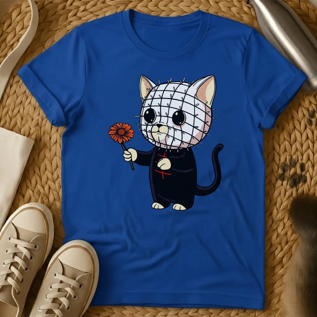 Royal - Gray t-shirt with kawaii cat cartoon, pin-covered stitched face, black outfit, holding orange daisy flower, horror parody art style