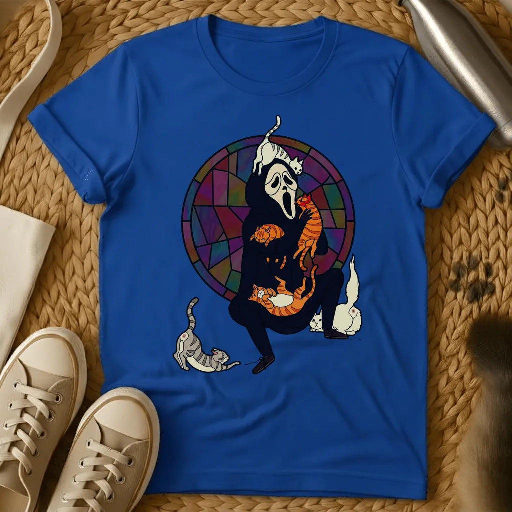 Royal - Ghost character with orange striped cats on sage green t-shirt, stained glass background design