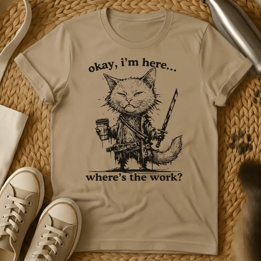 Sand - Military green t-shirt with a grumpy armored warrior cat holding coffee and a sword with humorous text
