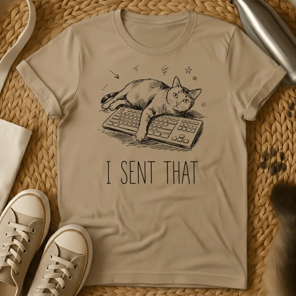 Sand - Olive green t-shirt with black line drawing of a cat on keyboards and text reading "I SENT THAT