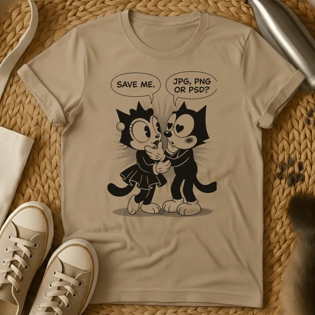 Sand - Olive green t-shirt with retro cartoon cats in speech bubble comic style debating JPG PNG or PSD file formats