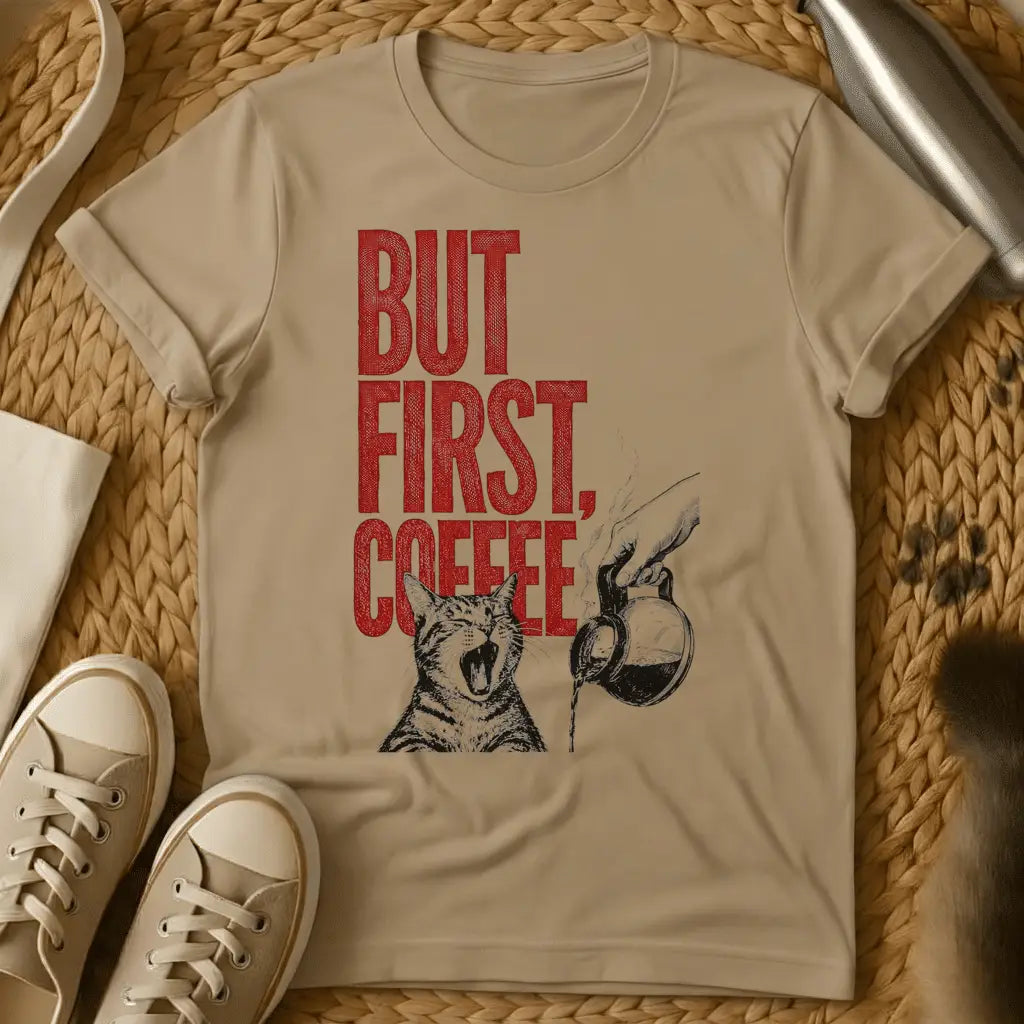 Sand - Light blue t-shirt with a screaming tabby cat and coffee carafe illustration and red distressed But First Coffee text
