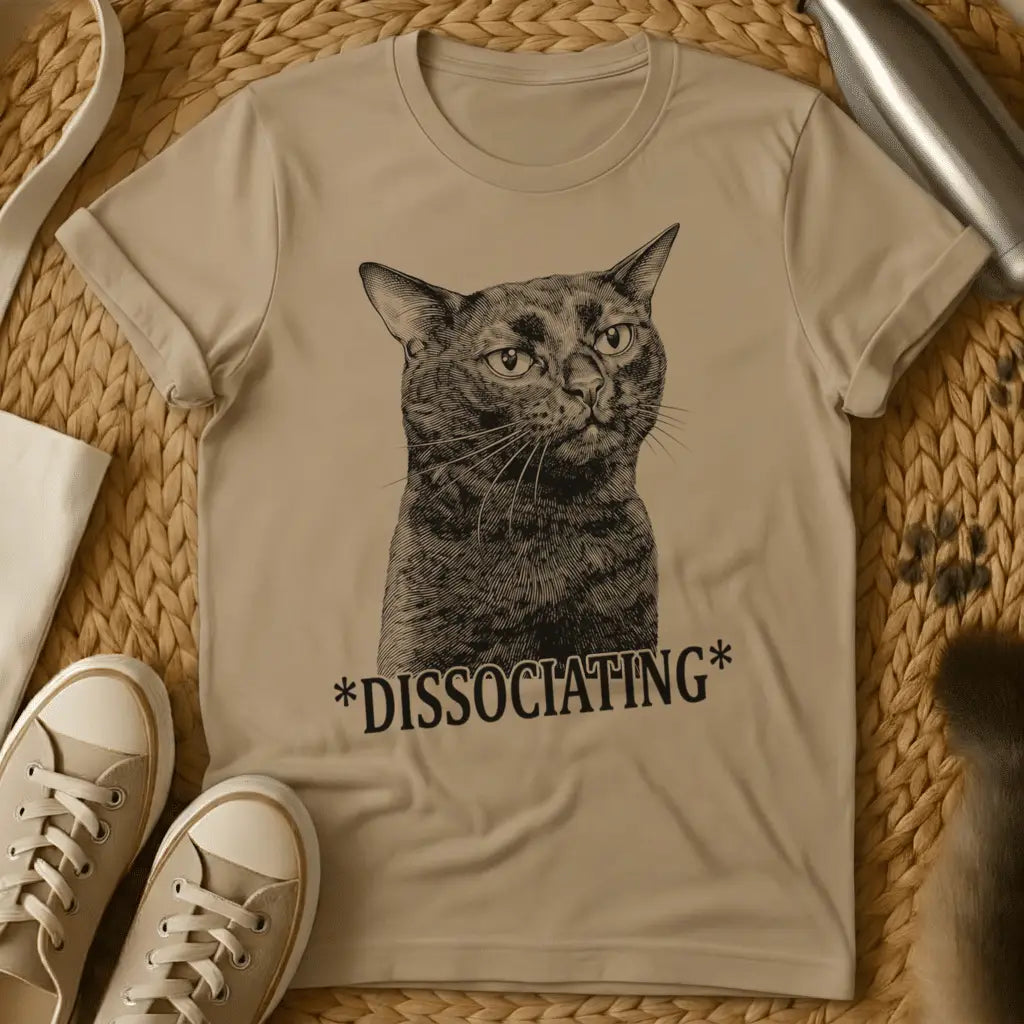 Sand - Olive green t-shirt with vintage engraving of a blank-staring cat and the text *DISSOCIATING* below it