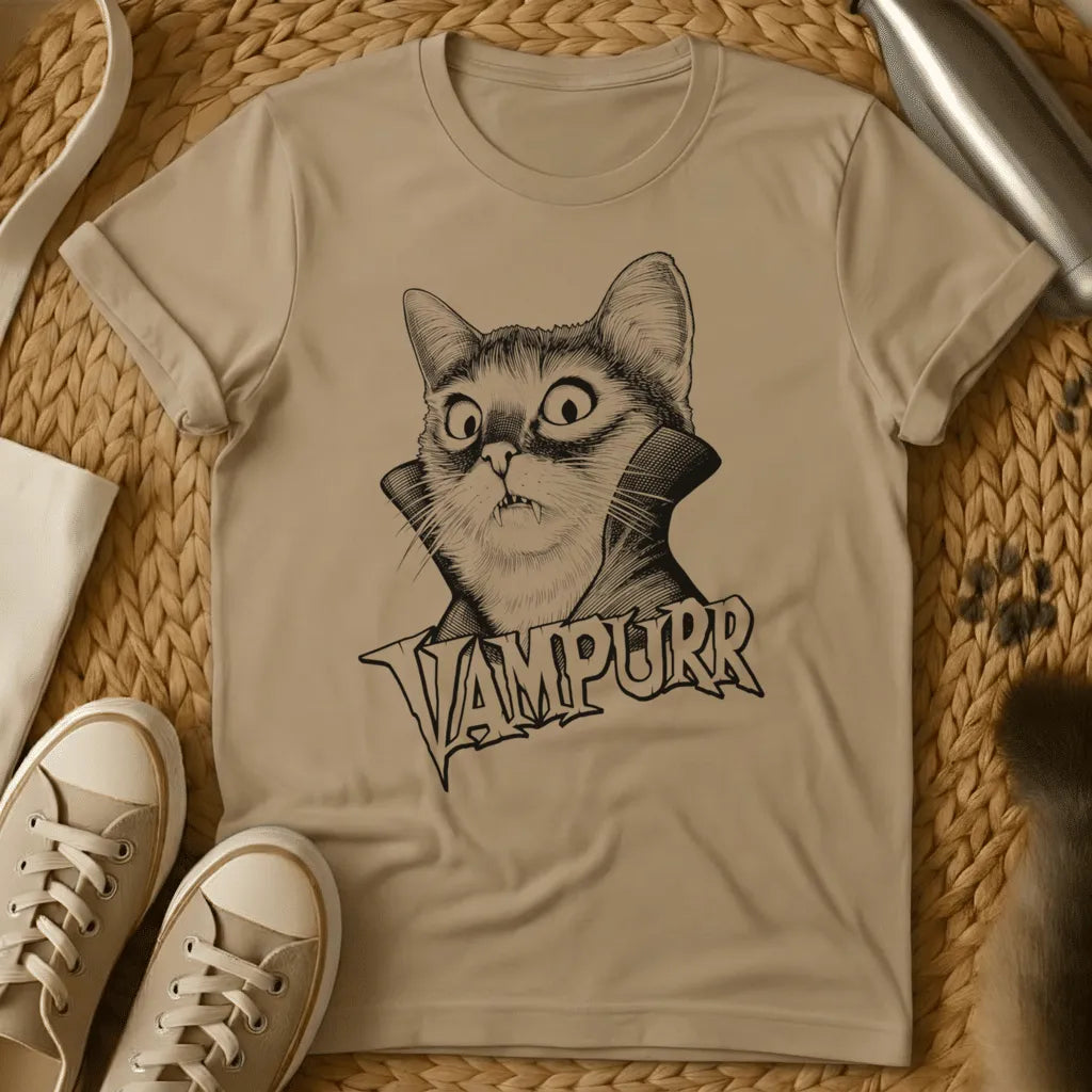Sand - Gray t-shirt with black ink engraving of a wide-eyed fanged cat in a vampire cape collar above the text VAMPURR