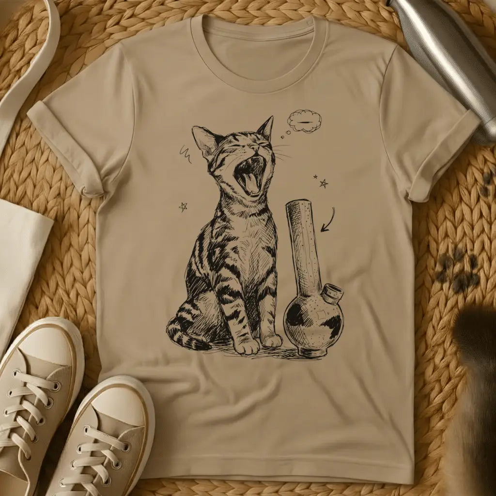 Sand - Military green t-shirt with black ink sketch of a yawning tabby cat sitting next to a bong with stars and empty thought bubble