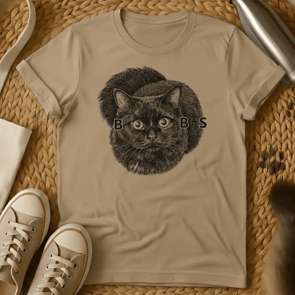 Sand - Military green t-shirt with vintage engraving of a round black cat, wide eyes forming the O's in the word BOOBS