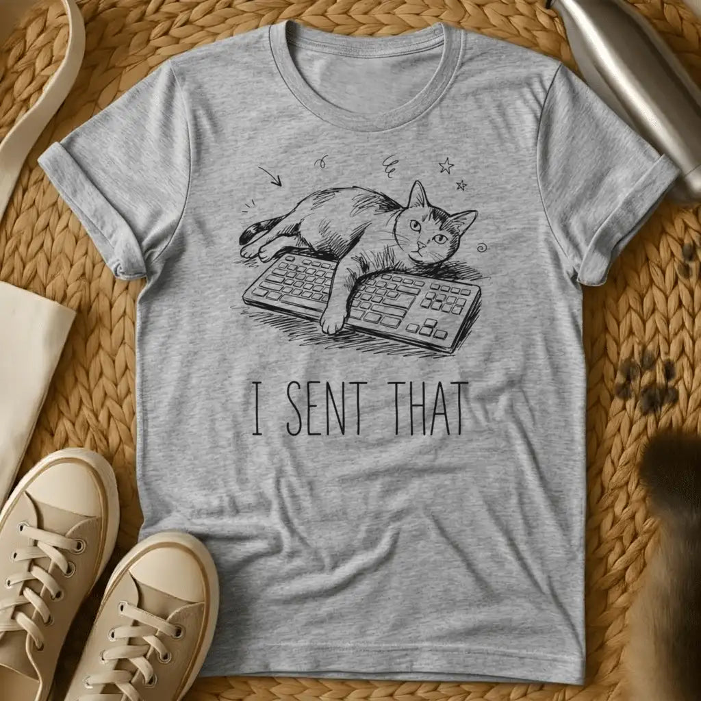 Sport Grey - Olive green t-shirt with black line drawing of a cat on keyboards and text reading "I SENT THAT