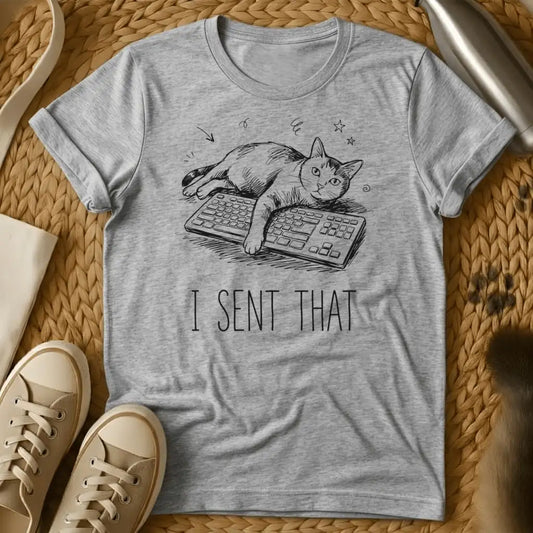 Sport Grey - Olive green t-shirt with black line drawing of a cat on keyboards and text reading "I SENT THAT