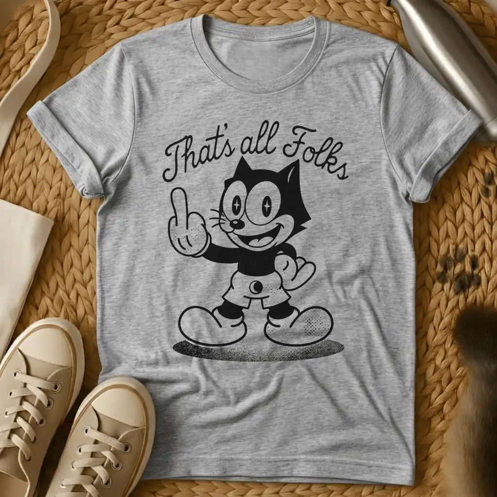 Sport Grey - Gray t-shirt with a vintage rubber-hose cartoon cat giving the middle finger under the script text That's all Folks