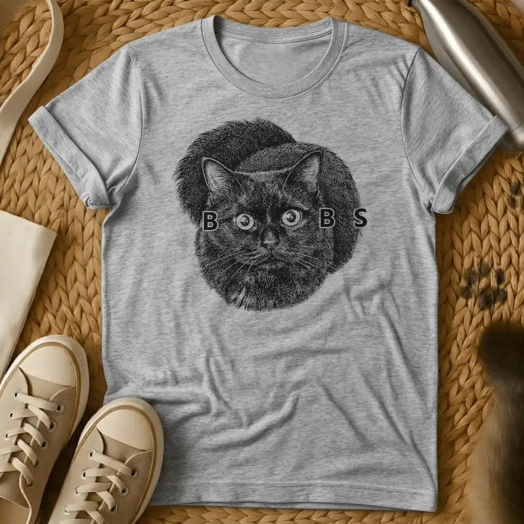 Sport Grey - Military green t-shirt with vintage engraving of a round black cat, wide eyes forming the O's in the word BOOBS