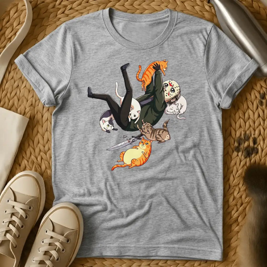 Sport Grey - A person in black falling surrounded by colorful cats and a knife on a sage green t-shirt in cartoon style
