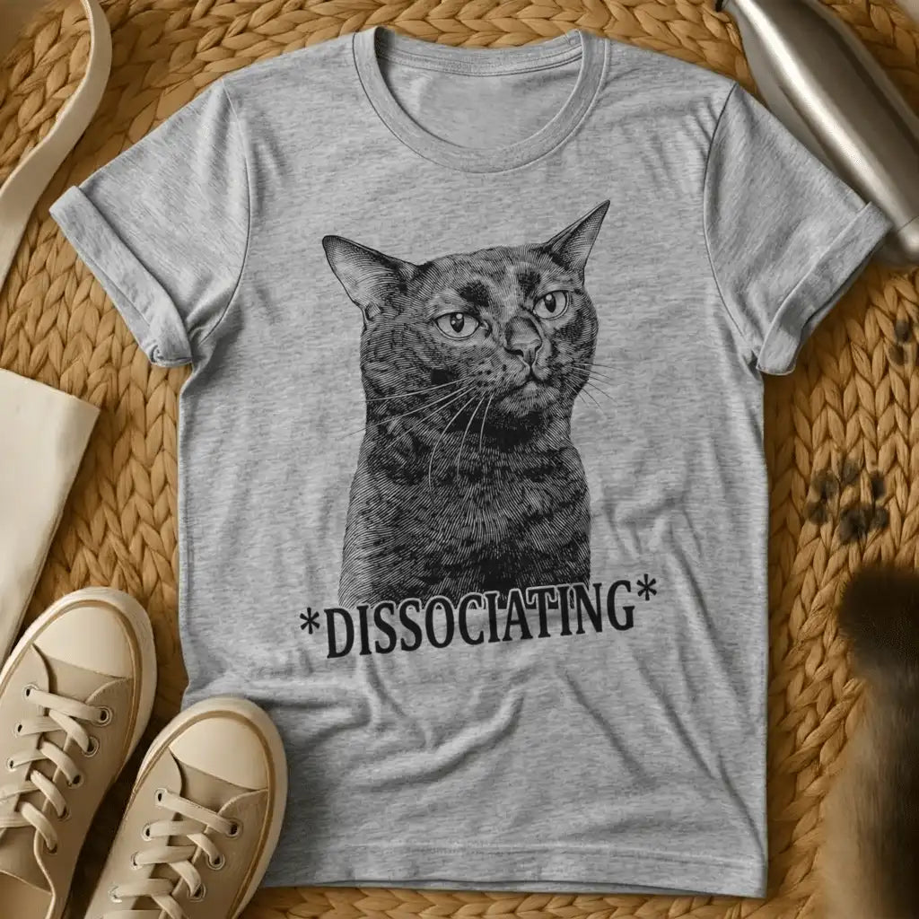 Sport Grey - Olive green t-shirt with vintage engraving of a blank-staring cat and the text *DISSOCIATING* below it