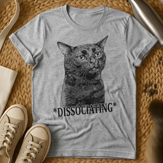 Sport Grey - Olive green t-shirt with vintage engraving of a blank-staring cat and the text *DISSOCIATING* below it