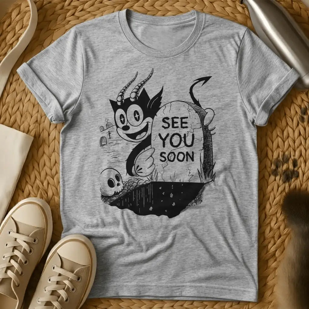 Sport Grey - Gray t-shirt with black cartoon demon character and "See You Soon" text in vintage horror illustration style