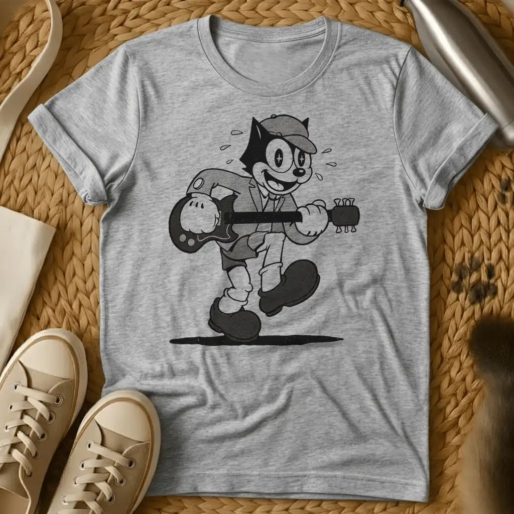 Sport Grey - Dark brown t-shirt with a cream retro 1930s cartoon cat in a newsboy cap and suit playing electric guitar mid-stride