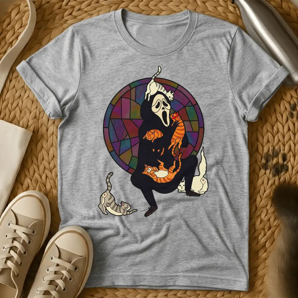 Sport Grey - Ghost character with orange striped cats on sage green t-shirt, stained glass background design